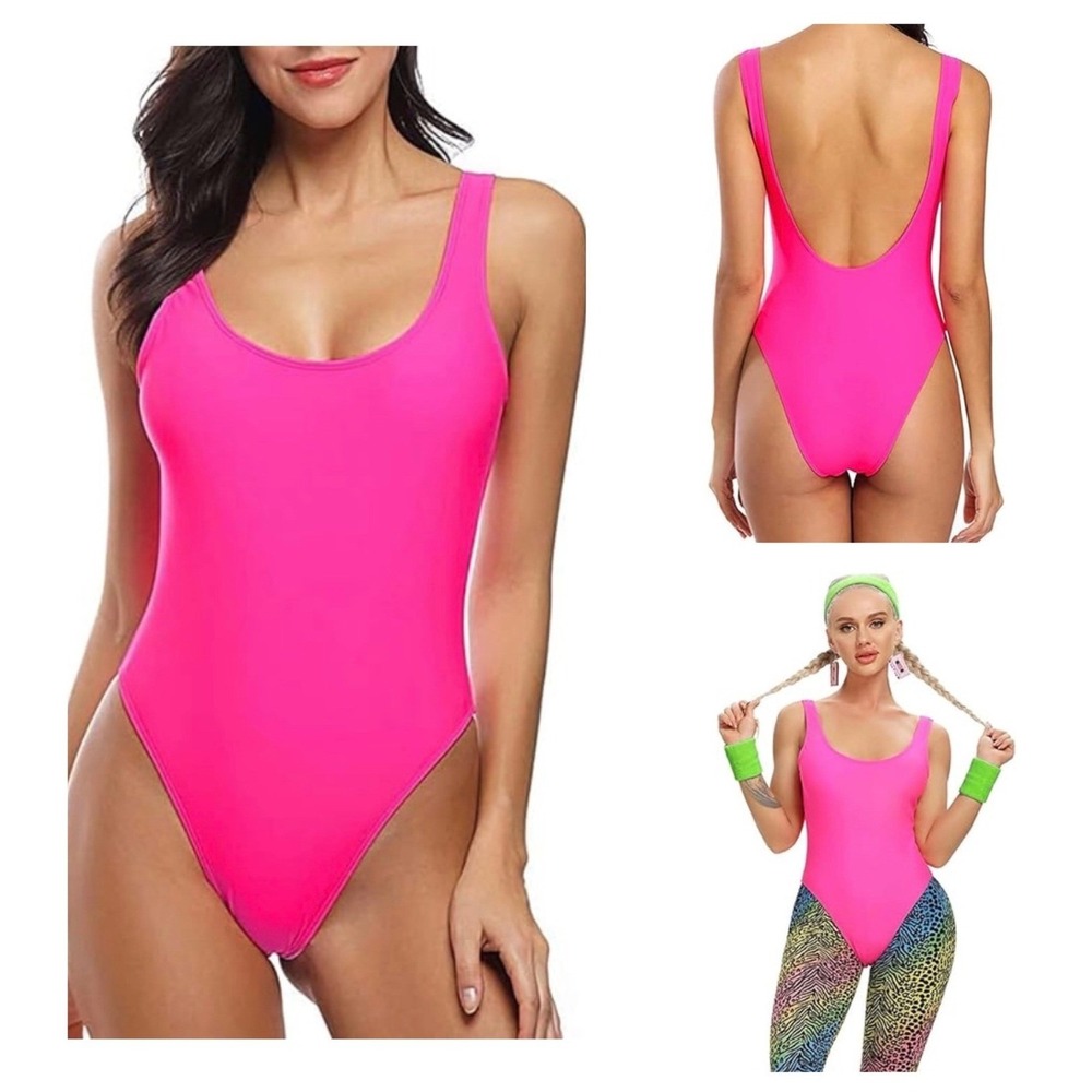 MIAIULIA One Piece Swimsuit Women L Hot Pink High Cut Scoop Neck 80s Retro Neon‎